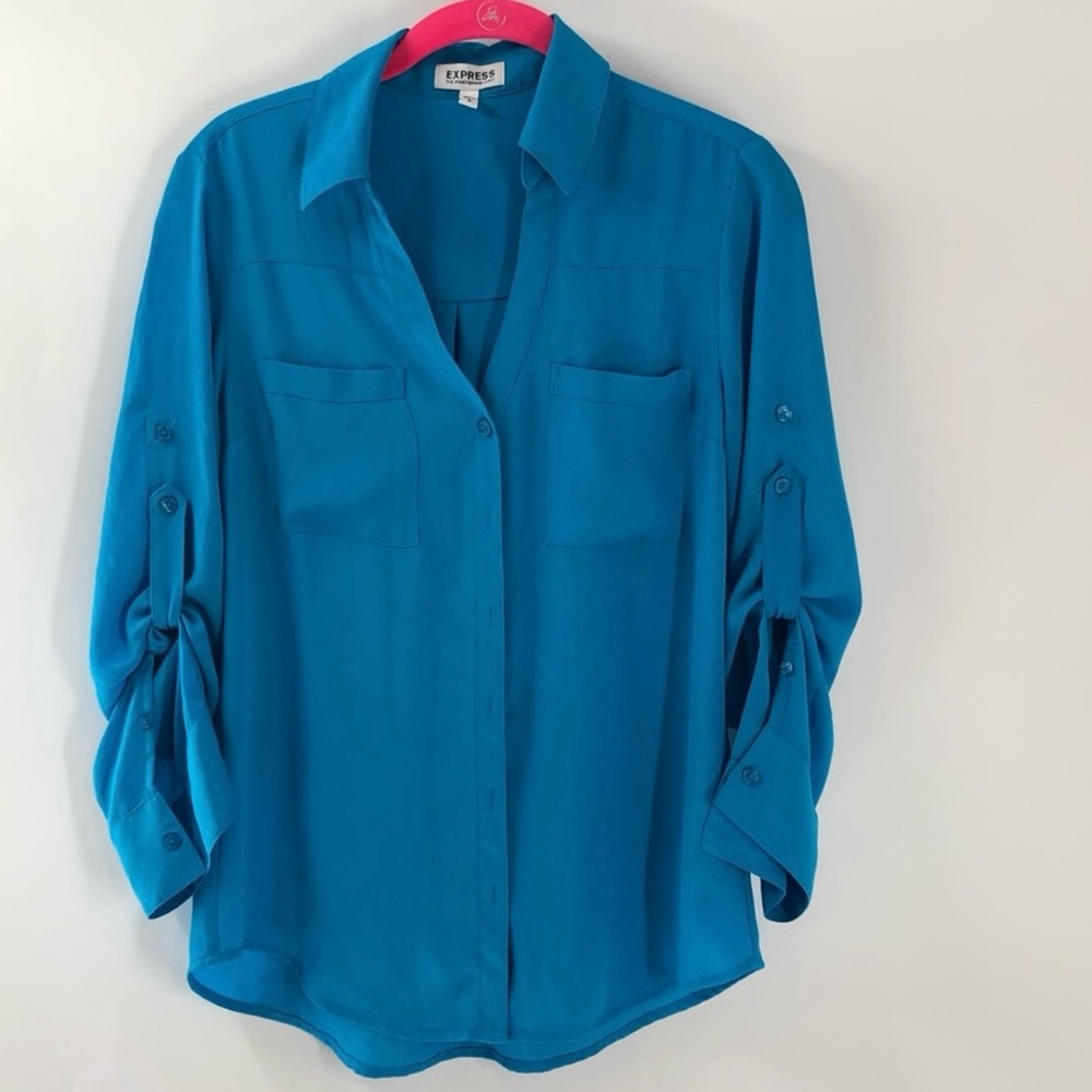 Express Women's Blue Button Up Portofino Blouse Size S